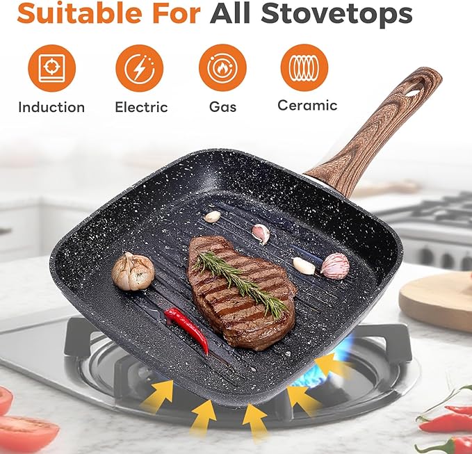 3-Piece Nonstick Grill Pan Set Square Griddle Pans with Wooden Handle Compatible with All Stovetops Ideal for Steak BBQ &amp Vegetables 9.5 10.2 11 Black