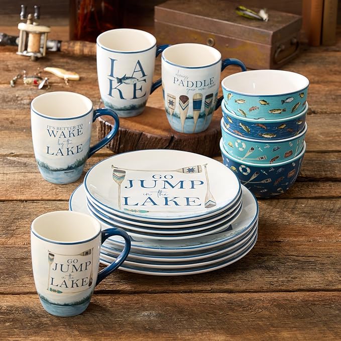Wake at the Lake 16-Piece Dinnerware Set Includes 11-Inch Dinner Plates 9-Inch Salad Plates 14-Oz Mugs &amp 24-Oz Bowls Durable Ceramic Dishwasher &amp Microwave Safe Lakeside-Inspired Design