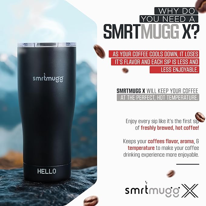 X Heated Coffee Mug 19 oz. 8 Hour Battery Life Self-Heating Adjustable Temp Controlled LCD Screen One Button Temperature Adjustment Includes Cover with Magnetic Slider (Black) (Black)
