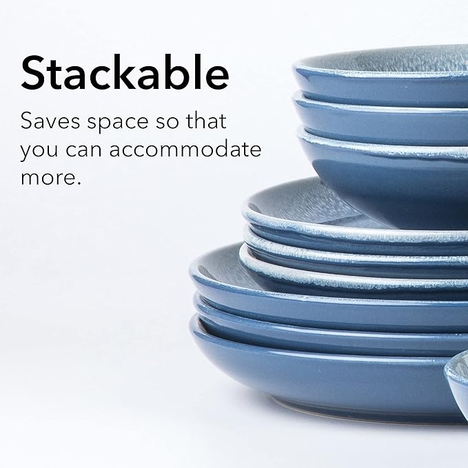 FAIT Round Stoneware 16pc Double Bowl Dinnerware Set for 4 Dinner Plates Side Plates Cereal Bowls Pasta Bowls - Reactive Glaze Blue (449322)