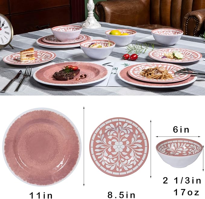 Melamine Dinnerware Sets - 12 Pcs Plates and Bowls SetUnbreakable Dinner Dishes Set for 4Lightweight Dishwasher Safe BPA FreeIndoor Outdoor use Pink