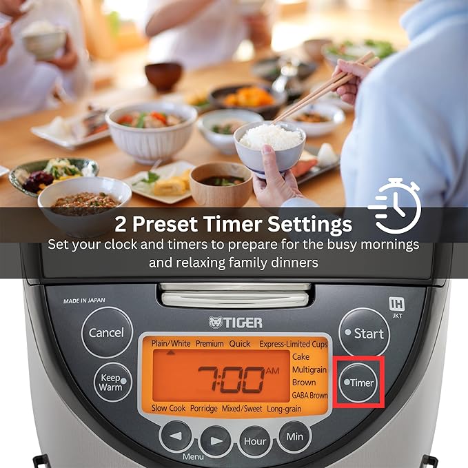 Tiger Corporation JKT-D18U 10-Cup Capacity Induction Heating Electric Rice Cooker with 12 Menu Setting 24-Hour Keep Warm Setting Spatula and Measuring Cup (Black and Stainless Steel)