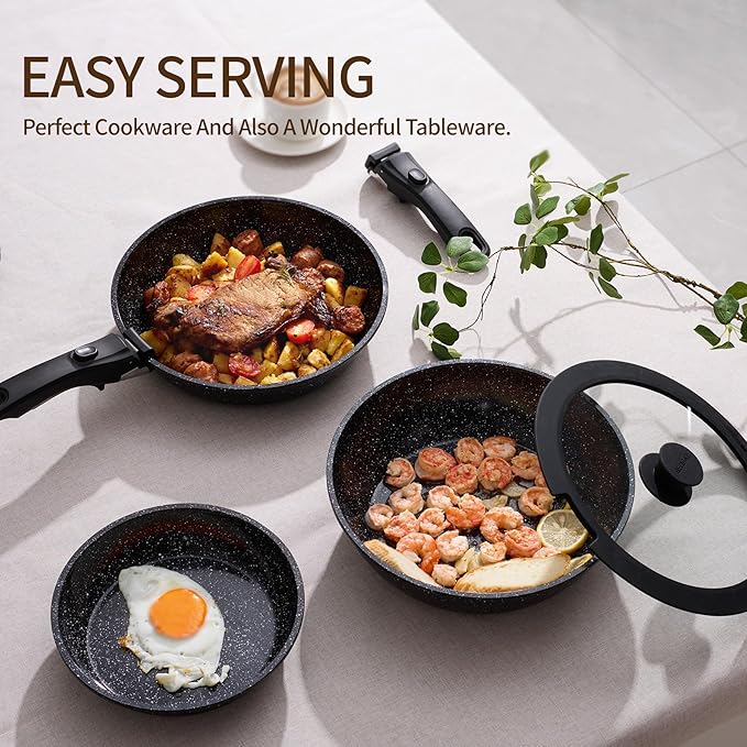 Nonstick Ceramic Cookware Set 21PCS with Detachable Handle Pans and Pots Set RV Kitchen Set Cookware Set Pan Pots with Removable Handles Oven Safe Induction Ready(Black)