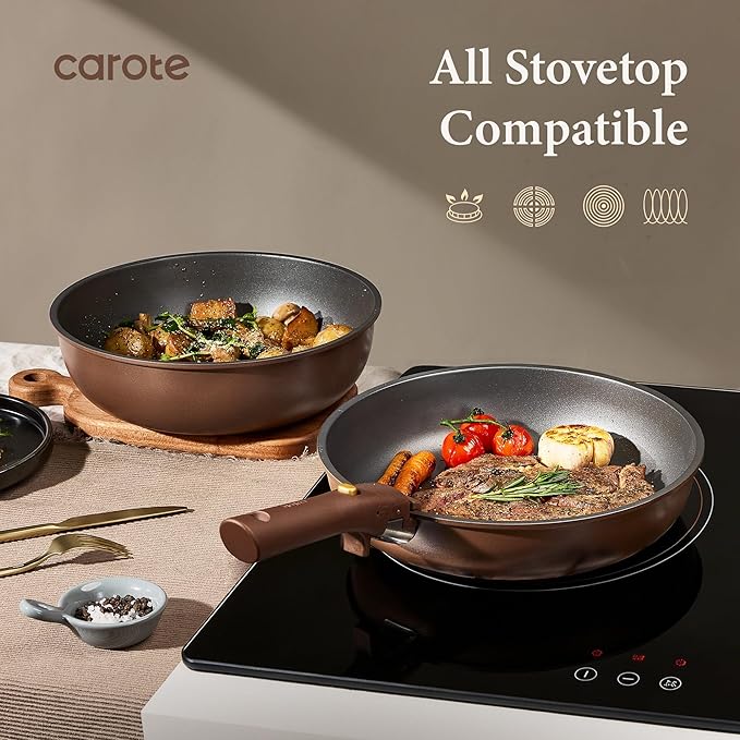 CAROTE 21pcs Pots and Pans Set Nonstick Cookware Set Detachable Handle Induction Kitchen Cookware Sets Non Stick with Removable Handle RV Cookware Set Oven Safe Brown