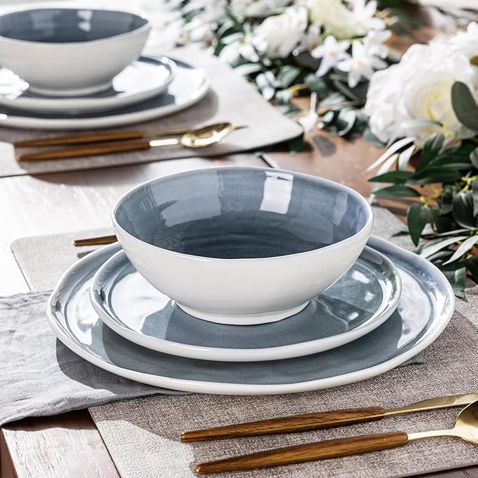 LERATIO Ceramic Dinnerware Sets for 4Porcelain Plates and Bowls Sets with Wavy EdgeMicrowave &amp Dishwasher &amp Oven SafeLight Weight &amp Scratch Resistant Dishes Sets-Service for 4-Jean blue