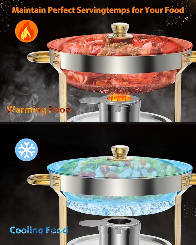 Commercial 5QT Round Chafing Dish Buffet Set – 2-Pack Stainless Steel Food Warmers with Glass Lid Holder Spoon &amp Tweezer – Gold Perfect for Catering Banquets Weddings – 2-piece Set