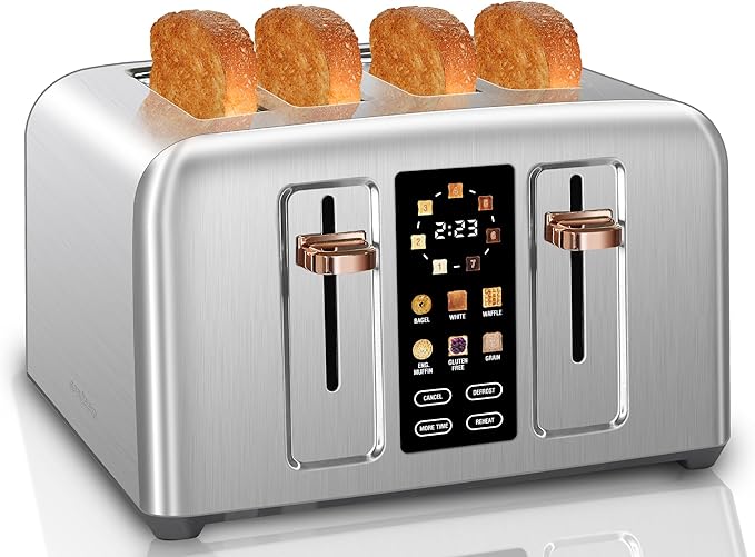 SEEDEEM Toaster 4 Slice Stainless Toaster &amp Touch Control LCD Display 6 Bread Type 7 Shade Settings 1.5'' Wide Slots Cancel/Defrost/Reheat Removable Crumb Tray 1800W Silver Metallic