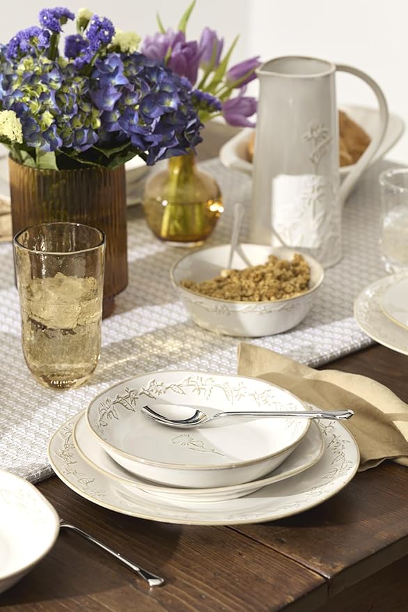 Lenox Dinnerware Set Homespun 16-Piece Set Service For 4 Stoneware Material Dishwasher &amp Microwave Safe Home And Kitchen Dishes Kitchen And Dining Plates And Bowls Sets (White 16 Pieces)