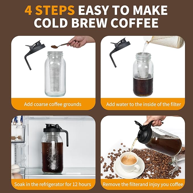 PIZVOXCold Brew Coffee Maker Pitcher 32 oz Thick Glass Mason Jar Spout Lid with Handle &amp Stainless Steel Filter for Iced Brew Coffee Ice Lemonade Sun Tea Fruit Drinks Container