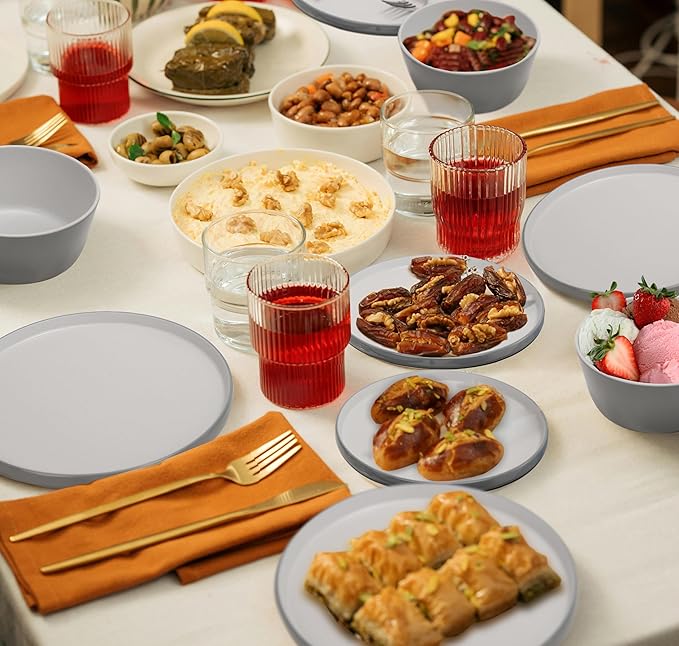 Melamine Dinnerware Sets Dishware Sets for 4 12 Pcs Plate and Bowl Set with Lipped Edges Lightweight Dish Set for CampingDishwasher SafeGood for Housewarming(Light GreyWhite)