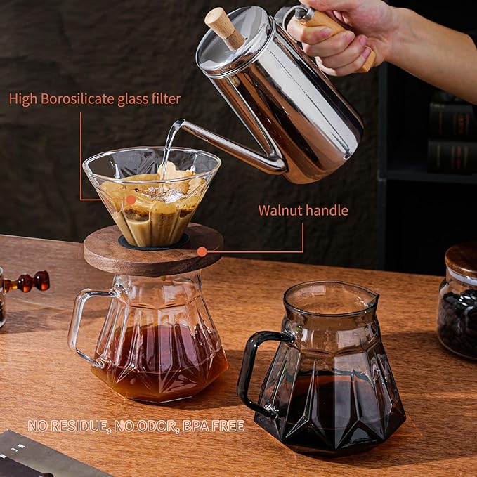 Pour Over Coffee Maker Set 21 oz/620ml Glass Pour Over Coffee Dripper Filter Coffee Maker Kit Manual Grinder with Walnut Handle for Home Office Cafe Restaurant Camping (Clear)