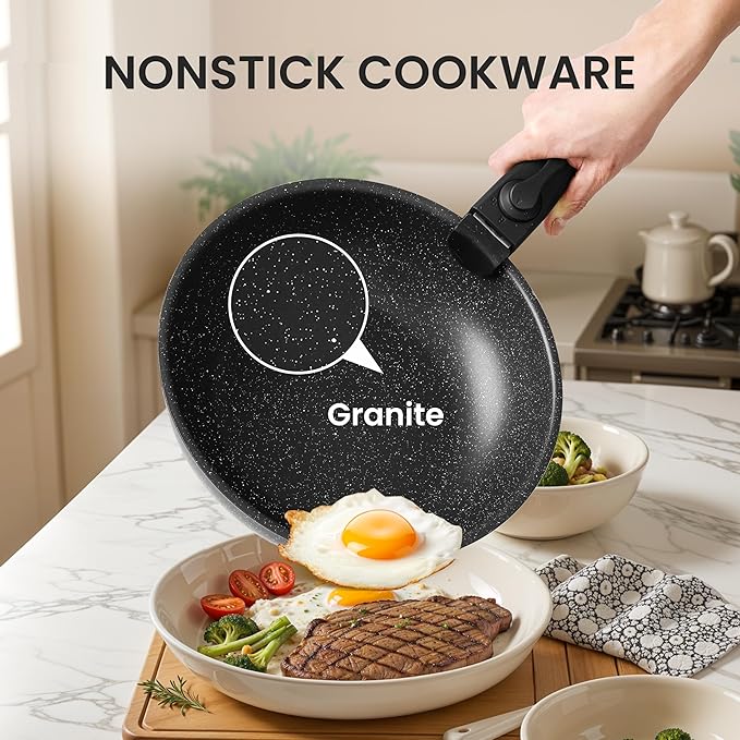 HealSmart 12 Pcs Pots and Pans Set Non-Stick Cookware Set with Detachable Handles Black Granite Texture Resistant to High Temperatures Oven Safe PFAS and PFOA Free