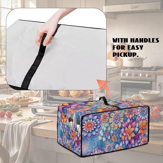 Heat-Resistant Toaster Oven Cover Faux Linen Polyester Appliances Dust Cover for Convection Toaster Oven Air Fryer with Top Handle Side Pockets Mandala Flower