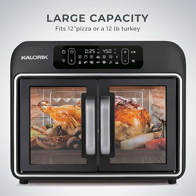 Kalorik Air Fryer Convection Oven Designer Series 26-Quart with Dual Speed Fan Easy Pull French Doors and 14 Smart Cooking Presets Includes 5 Cooking Accessories 1700-Watts Black