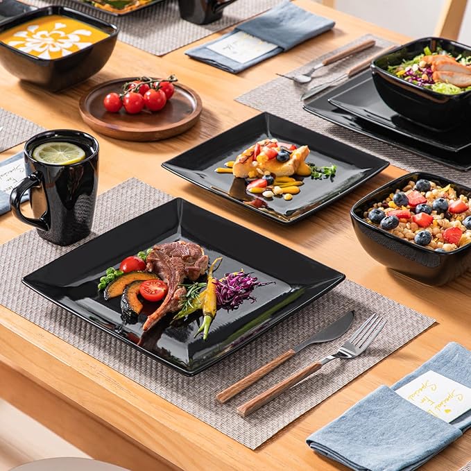 vancasso Soho Dinnerware Sets 24 Pieces Black Stoneware Square Place Setting Dinner Plate Cups and Plates Sets for Kitchen Dish Set for 6