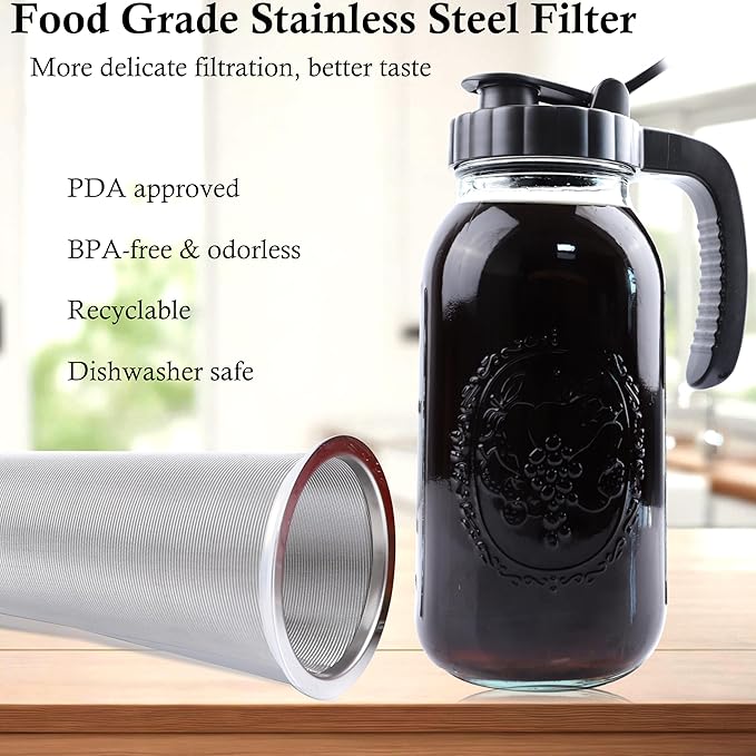 Cold Brew Coffee Maker Half Gallon 2 Set Glass Mason Jar Pitcher With Spout Lid Filter 2 Quart Wide Mouth Iced Tea Brewing Jug Heavy Duty Handle Airtight &amp Leak-Proof Pitcher For Fridge Sun Tea 64