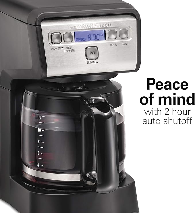 Hamiton Beach 12 Cup Compact Programmable Drip Coffee Maker with No-Drip Burosilicate Glass Carafe 2-Hour Auto Shutoff Space-Saving Design Black with Stainless Steel Accents (46200)