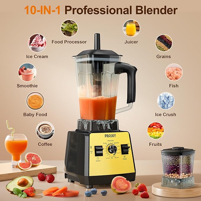 Blenders for Kitchen Smoothie Blender 2400W/1000W Prasky Blender &amp Grinder Combo 25000 RPM High Speed 68oz BPA-Free Food Processor Countertop Blender for Smoothies Shakes &amp Food (Yellow
