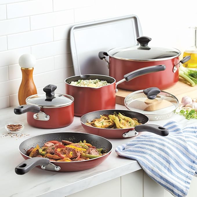 Farberware Cookstart DiamondMax Nonstick Cookware/Pots and Pans Set Dishwasher Safe Includes Baking Pan and Cooking Tools 15 Piece - Red