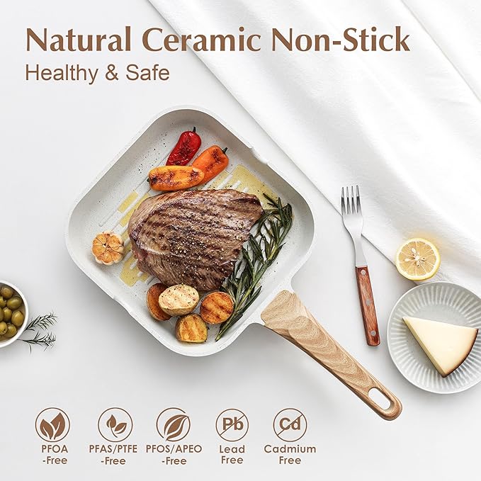 SENSARTE Ceramic Cookware Sets Pots and Pans Set Non stick 14-Piece Induction Cookware9.5 Inch Nonstick Grill Pan