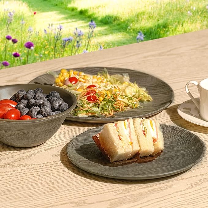 TP 18-Piece Dinnerware Set Melamine Dishes Set with Bowls and Plates Service for 6 Non-breakable Lightweight Dining Tableware Grayish-brown Wood Grain