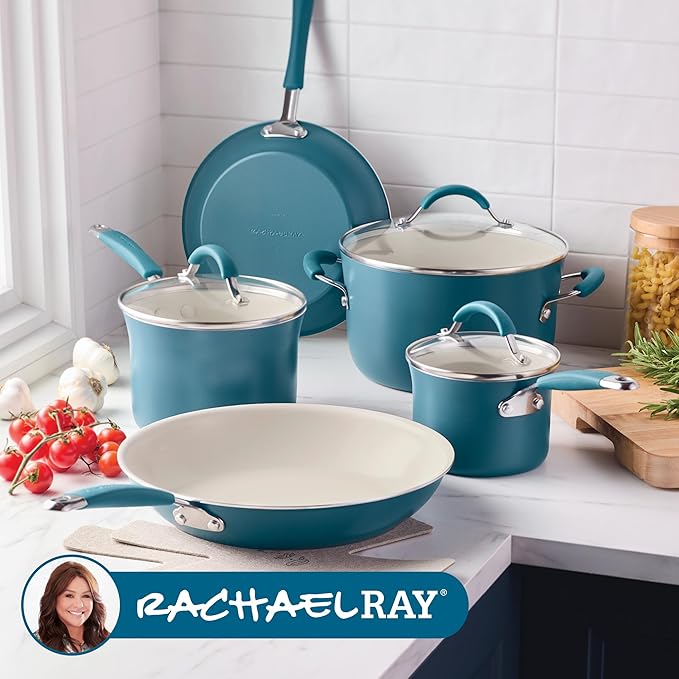 Rachael Ray Cucina Ceramic Nonstick Pots and Pans Set with Saucepans Frying Pans Stockpot Lids and Pan Protectors 10 Piece Non Stick Cookware Set Dishwasher Safe - Marine Blue