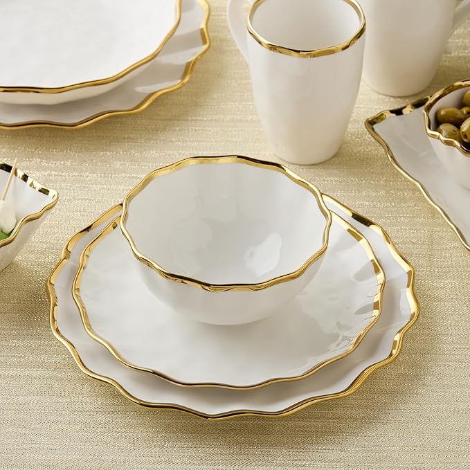Regency Gold 16-Piece Dinnerware Set – Elegant Gold Rimmed Porcelain Plates Bowls &amp Mugs – Service for 4 – Sophisticated Dining Set for Everyday Meals Holiday Gatherings &amp Wedding Gifts