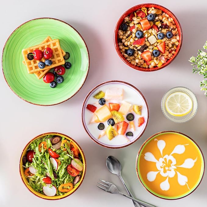 vancasso Bonita Dinnerware Set Muticolor Stoneware 12 Pieces Service for 4 Handpainted Spirals Pattern Stoneware Plates and Bowls Set