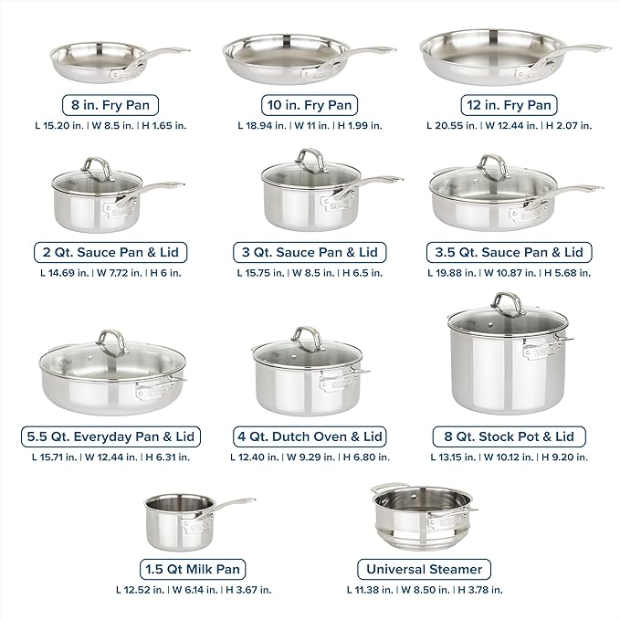 Viking 3-Ply Pots and Pans Set 17 Piece Stainless Steel Cookware Glass Lids Steamer Insert Silver