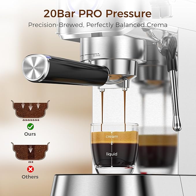 Kndko Espresso Machine 20 Bar Espresso Maker with Milk Frother Compact Stainless Steel Coffee Machine with 34oz Removable Water Tank for Cappuccino Latte