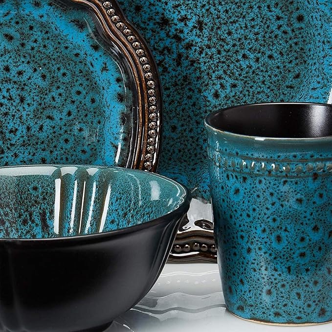16-Piece Stoneware Dinnerware Set – Textured Rim Plates Matte-Finish Bowls &amp High-Gloss Mugs Dishwasher &amp Microwave Safe