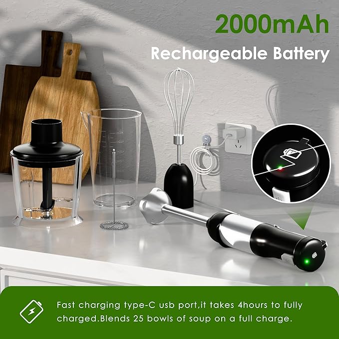 Cordless Immersion Hand Blender 5-in-1 Variable Speed blender handheldRechargeable with 2000mAh Battery BPA-Free &amp Dishwasher-Safe Accessories:700ml BeakerChopperWhisk &amp Milk FrotherInk