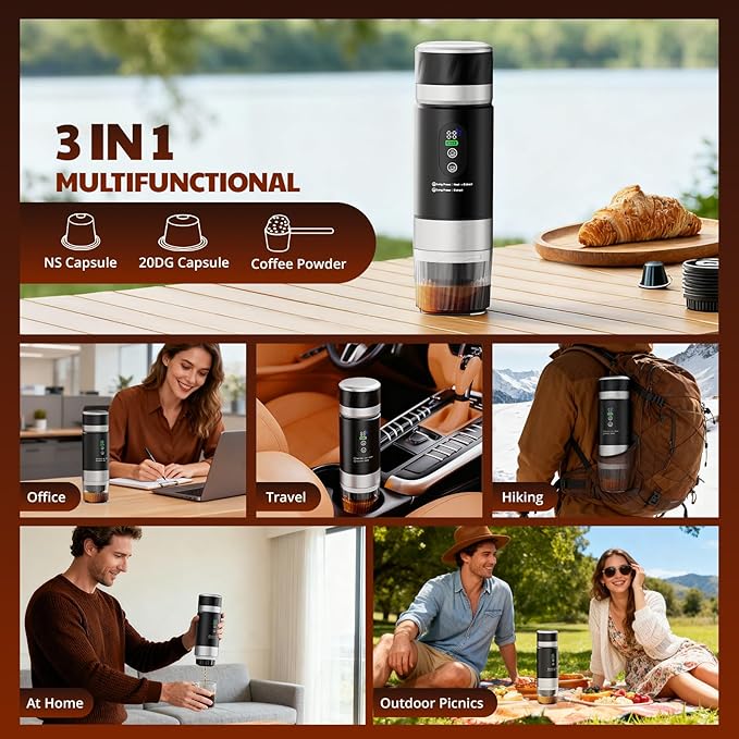 Portable Espresso Maker Travel Coffee Maker for camping Portable Espresso Machine with USB-C 3-in-1 Small Espresso Machine with Ground Coffee &amp Capsules (NS＆DG) for RV Hiking (Obsidian Black)