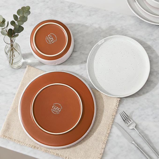 GZG Modern Art Series - 18 Pcs Speckled Stoneware Plates and Bowls Sets Ceramic Dinnerware Set with Rustic Terracotta Underside Microwave and Dishwasher Safe Handcrafted Dishes Set - Porcelain White