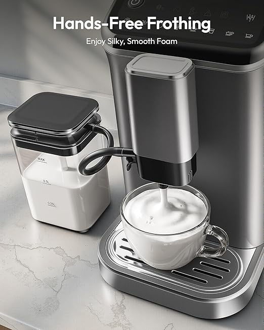 EUHOMY Fully Automatic Espresso Machine 20 Bar Coffee Maker with Grinder and Integrated Milk Frother Automatic Espresso Machine with Touch Screen 15-Grind Settings Coffee Machine for Home Silver