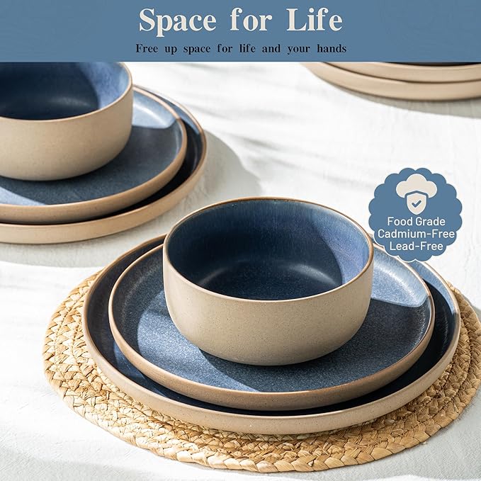 12 Pieces Dinnerware SetsPlates and Bowls SetsHandmade Reactive Glaze Dishes Set for 4 with at Least 10% Recycled Ceramic and the Raw Texture of the Clay (Reactive-Blue)