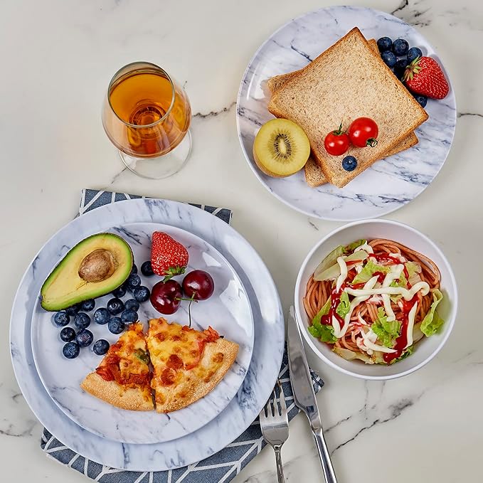 TP 12-Piece Melamine Dinnerware Sets Plates and Bowls Dishes Set for 4 Break-Resistant &amp Non-Microwavable Lightweight Dinner Plates Marble Pattern