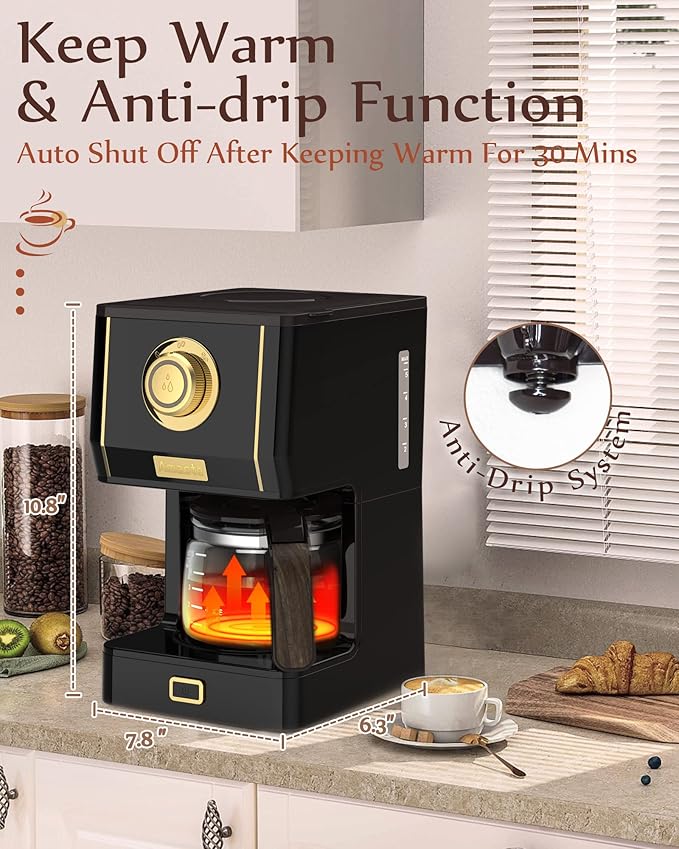 Amaste Coffee Maker 25 Oz Drip Retro Style Coffee Machine with Glass Coffee Pot with Reusable Coffee Filter &amp Three Brewing Modes Warming Plate CM 1003AE-Black