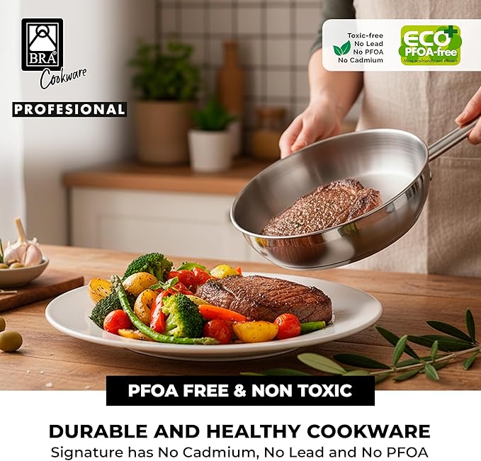 BRA COOKWARE Profesional 5 Piece Cookware Set | Stainless Steel Professional Kitchenware Set | 1 Stock Pot 1 Sauté Pan 1 Frying Pan 2 Lids | All Heat Sources Compatible | PFOA Free