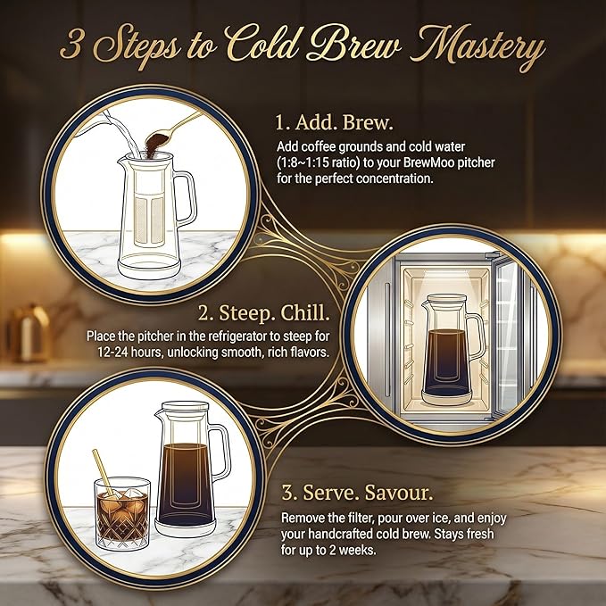 BrewMOO- Airtight Cold Brew Coffee Maker Pitcher 1.4L/48Oz Thick Glass Carafe with Filter Comfort Sturdy Handle &amp Wide Spout Non-Slip Base | Iced Tea Maker (Black)