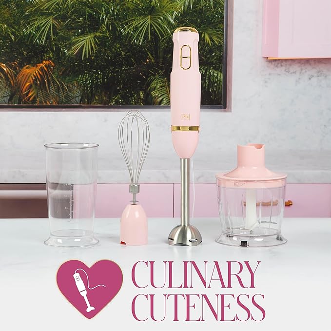 Paris Hilton Hand Blender Set 3-in-1 Immersion Blender with Whisk Blending &amp Chopper Attachments 400W High Speed Pink with Gold Accents – Smoothies Soups Sauces Baby Food Whipped Cream Pi