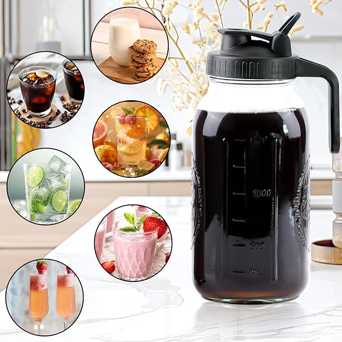Cold Brew Coffee Maker 64 Oz Mason Jar Iced Coffee Maker 2 Set Half Gallon Glass Pitcher With Pour Spout Lids 2 Quart Wide Mouth Cold Brew Pitcher With Strainer For Fridge Lemonade Cold Brew Milk