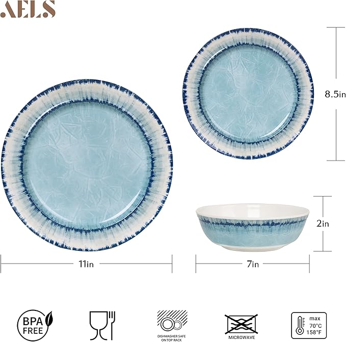 AELS Melamine Dinnerware Set of 12 Pcs Dinner Dishes Set for Indoor and Outdoor Use Dishwasher Safe Lightweight Unbreakable BPA Free Light Blue