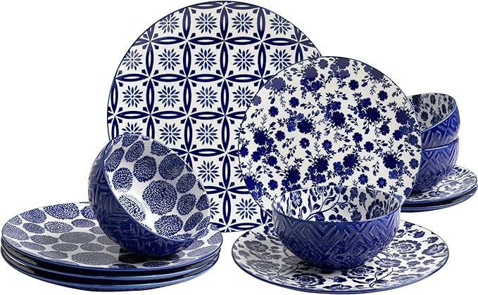 LEHAHA 12 Pieces Modern Porcelain Dinnerware SetService for 4 Ceramic Plates and Bowls Sets Kitchen Dinner Salad Dessert Plate and Cereal Bowl Set Ceramics Dishes Set Blue and White