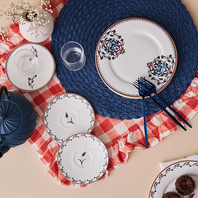 Karaca Nakkas 18 Piece Turkish Teacups &amp Appetizer Plate Set for 6 People - Colorful Dessert Plates (7.4) Small Turkish Tea Glasses with Saucers - Glass Tea Cups &amp Porcelain Dish Set