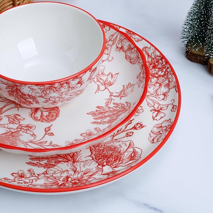 12-Piece Dinnerware Set with Red and White Plates Service for 4 Microwave and Dishwasher Safe
