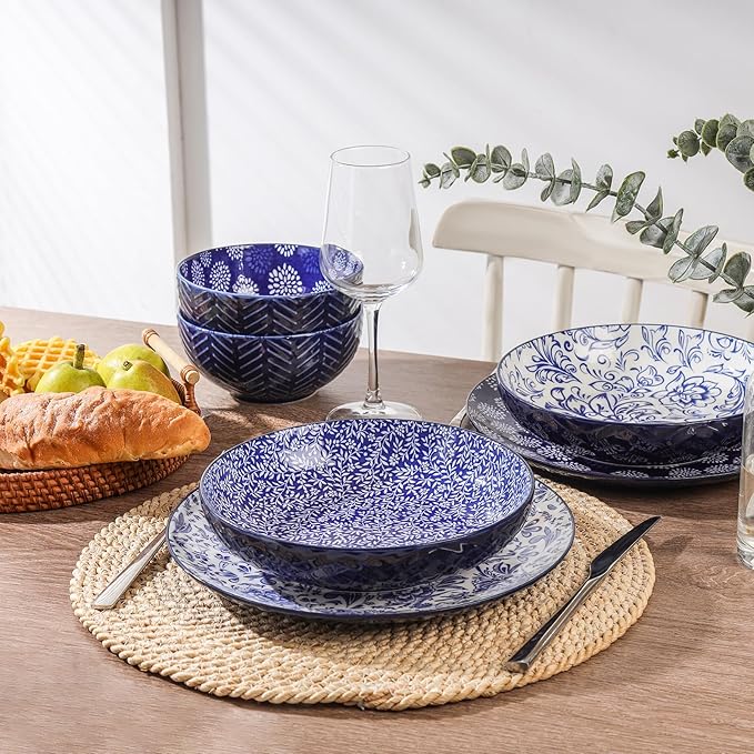 Selamica Ceramic Plates and Bowls Sets 32 Pieces Dinnerware Sets for 8 Scratch Resistant Embossed Dishes Set for Family Gatherings Dishwasher &amp Microwave Safe Dark Blue