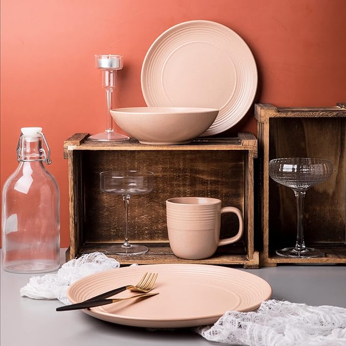RINGAR Round Stoneware 16pc Double Bowl Dinnerware Set for 4 Dinner Plates Side Plates Cereal Bowls Pasta Bowls - Speckle Matte Coral (407490)