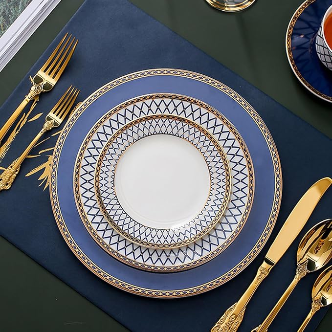 European Style Dinnerware Set Service for 6 Bone China Dinnerware Sets Unbreakable Porcelain Dinner Sets Coffee Cup and Saucer Tableware Set Steak Dinner Plates Dish Set New Blue-002