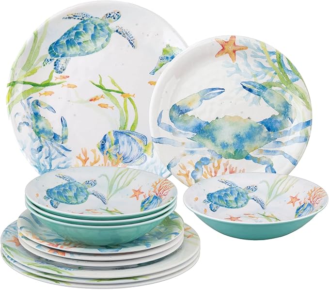 UPware 12 Piece Sea Life Serenade Melamine Dinnerware Sets Outdoor Dishes Set Plates and Bowls Sets Service for 4 Blue
